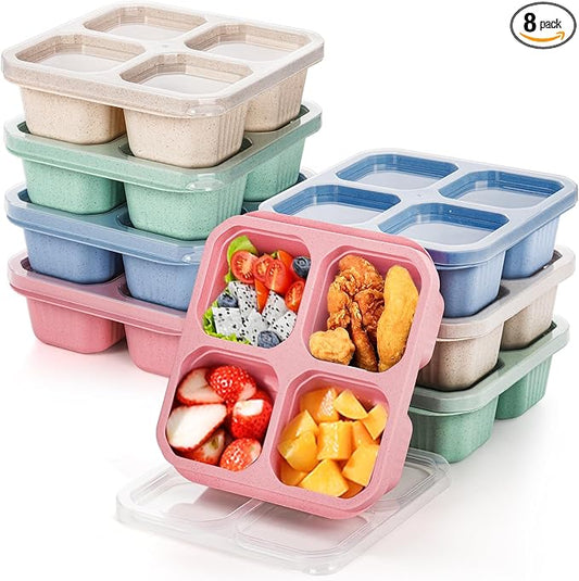 8 Pack Snack Containers, Reusable Bento Lunch Boxes for Kids Adults, Meal Prep Lunch Containers 4 Compartment Small Portion, Wheat Straw Divided Food Storage Containers for School Work