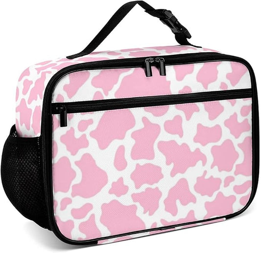 Pink Cow Print Reusable Lunch Box Insulated Lunch Bag Cooler Bag Lunchbox Meal Food Container Tote Bag for Women Kids Girls School Camping Hiking Picnic Beach Travel