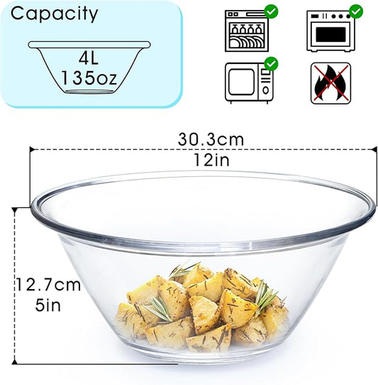 NUTRIUPS Large Glass Mixing Bowl, 4.1L Big Glass Salad Bowls, Clear Deep Glass Bowls for Mixing