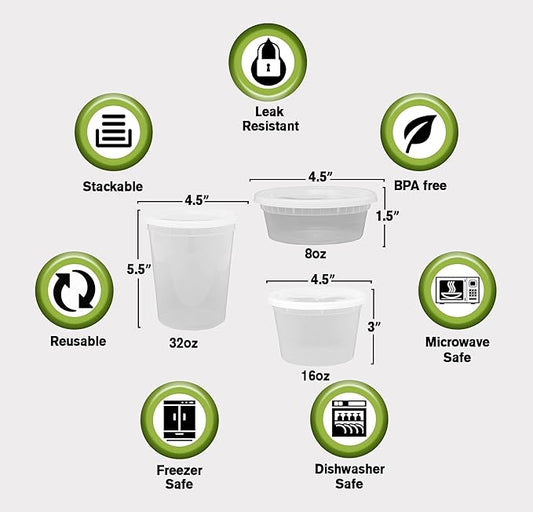 Deli Containers with Airtight Lids - 60 Piece Set (8oz, 16oz, 32oz) Perfect for Slime, Portion Control, Microwavable, Dishwasher, Freezer Safe, Leakproof, Stackable