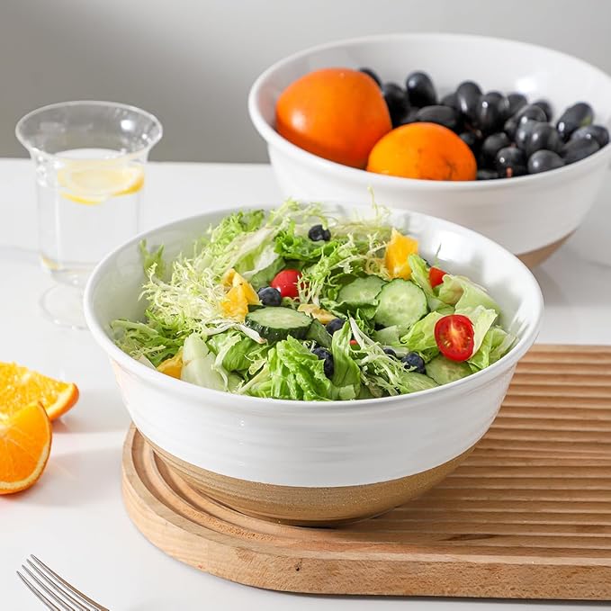 Ceramic Serving Bowls,84 Ounce Stackable Salad Bowls for Kitchen,9 Inch Large Mixing Bowls for Cereal,Pasta,Soup and Oatmeal,Serving Dish Set of 2,Gift for Housewarming,Microwave Safe,White