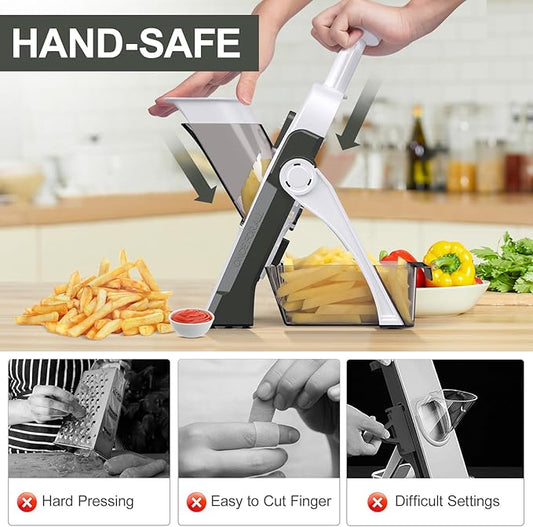 5 in 1 Safe Mandoline Slicer for Kitchen, Safe Vegetable Chopper with Paring Knife, Adjustable Thickness, Easy to Clean, Vegetable Slicer, Slicing, Strips, Shredding, Dicing, Chop (GreenBlack)