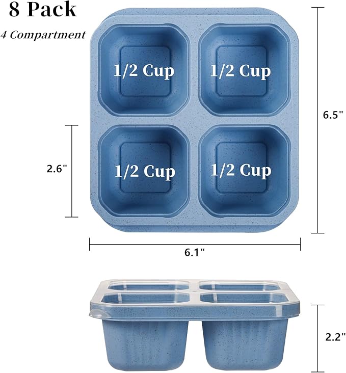8 Pack Snack Containers, Reusable Bento Lunch Boxes for Kids Adults, Meal Prep Lunch Containers 4 Compartment Small Portion, Wheat Straw Divided Food Storage Containers for School Work