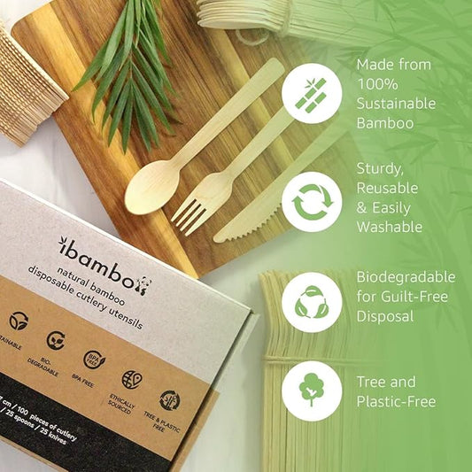 100% Bamboo Cutlery Set - 600 Biodegradable Utensils (300 Forks, 150 Knives, 150 Spoons) - Reusable or Disposable Bamboo Flatware | Compostable FSC Certified Utensils for Weddings & Parties