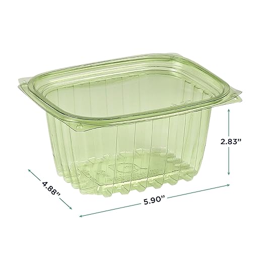 ECO PRODUCTS Compostable 16oz Rectangular Deli Containers With Lids, Pack of 100, Veridian Clear Green Meal Prep, Made from PLA, A Renewable Material Made from Plants, One Lid Fits All