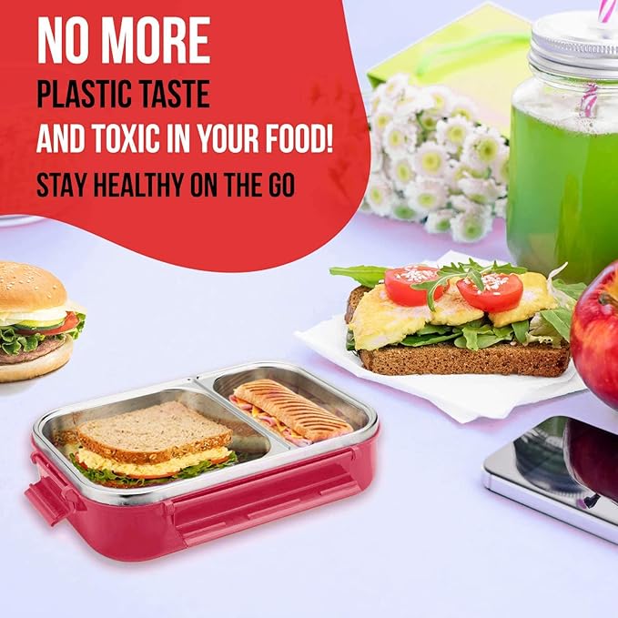 Signoraware Stainless Steel Bento Box, Red, For Men, Unisex, Meal Holder, 34 Oz, Leakproof, Portion Control, Easy Carry, BPA Free, Rust Resistant