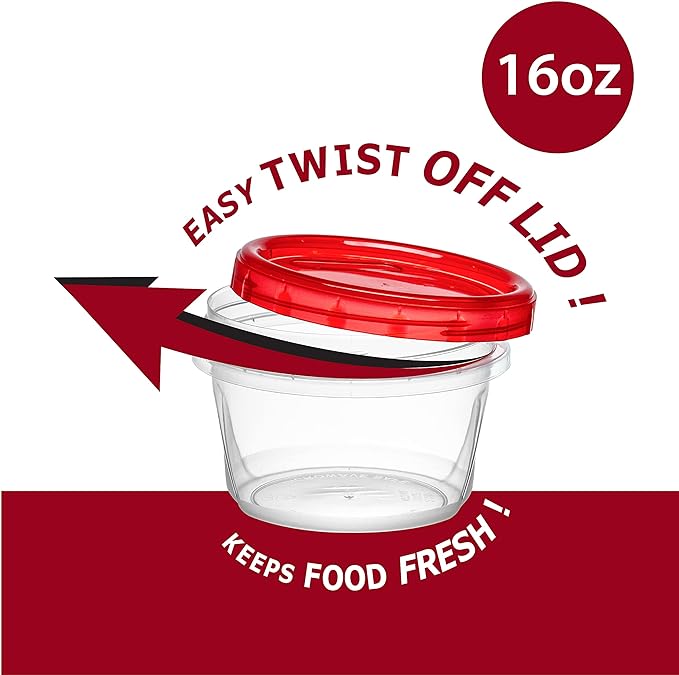 (16 Ounce 20 Pack) Twist cap Containers Clear Bottom With Red Top Screw on Lids Twist Top Food Storage Freezer Containers