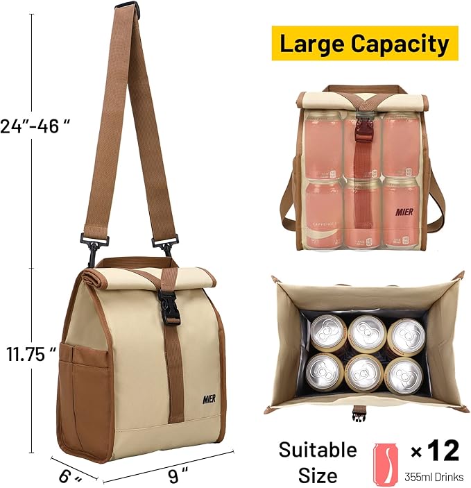 MIER Insulated Lunch Bag Roll Top Lunchbox for Women Men Adults Foldable Rolltop Lunch Tote with Shoulder Strap for Work Office Picnic, Water Bottle Holder, Khaki
