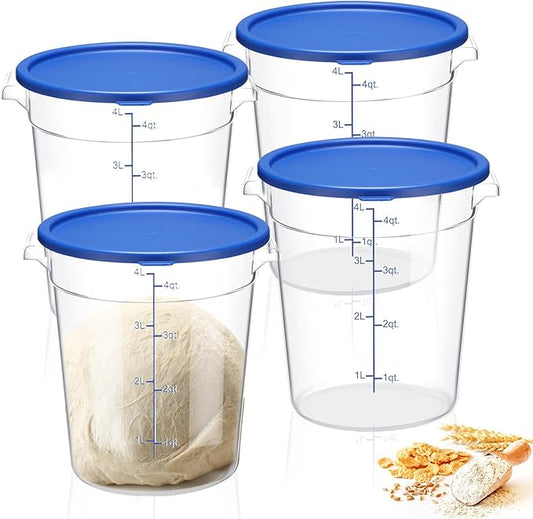 Suclain 4 Pcs 4 Qt Food Storage Container Bucket with Lids Clear Proofing Containers for Dough Rise Bread with Scale Handle Round Flour Commercial Storage Bucket for Home Restaurant Food