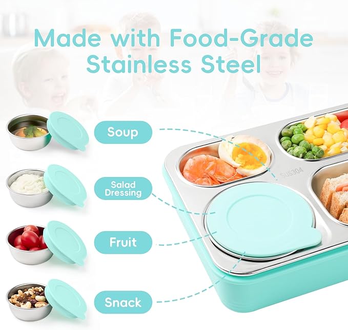 36-oz Lunch Box Containers Stainless Steel Bento Box for Adults with 4-Compartment Snack Tray, Soup Bowl with Lid & Metal Spoon, Dishwasher Safe, Easy to Carry, Green