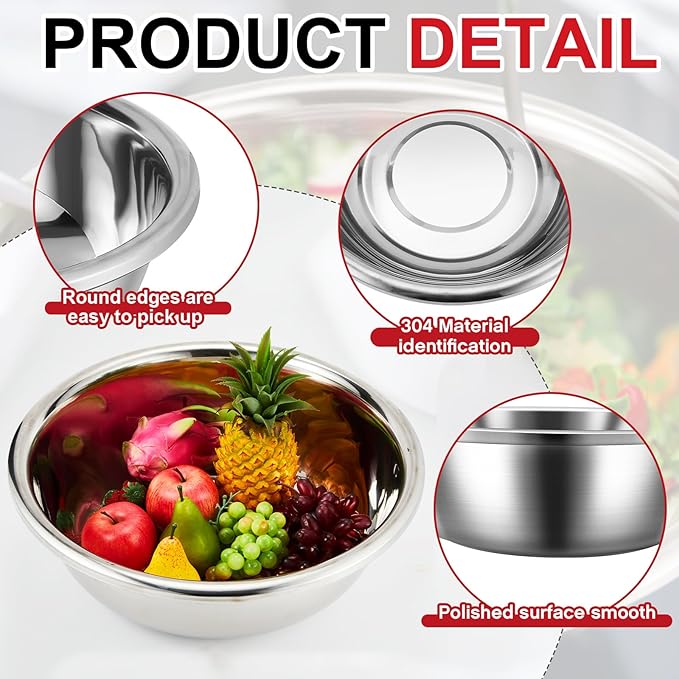 2 Pack Large Mixing Bowl Oversized All Purpose 304 Stainless Steel Polished Mirror Flat Base Metal Bowl for Home or Commercial Prepping Baking Mixing Marinating(20 Qt)