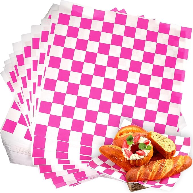 600 Pcs Sandwich Wrapping Paper Sheet 15x15 Checkered Food Wax Paper Sheets Parchment Paper Basket Liner Grease Restaurant Supplies for Wrapping Bread Burgers Food Serving (Pink)