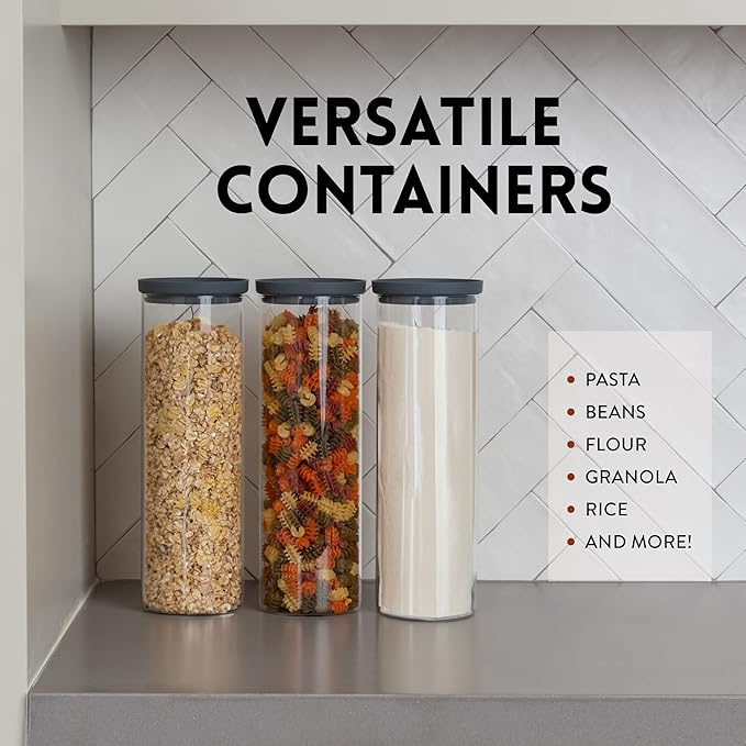 Glass Spaghetti Containers with Airtight Silicone Lids – BPA-Free Pantry Storage Jars for Pasta, Rice, Flour, and Dry Foods – Set of 3 with Portion Tool