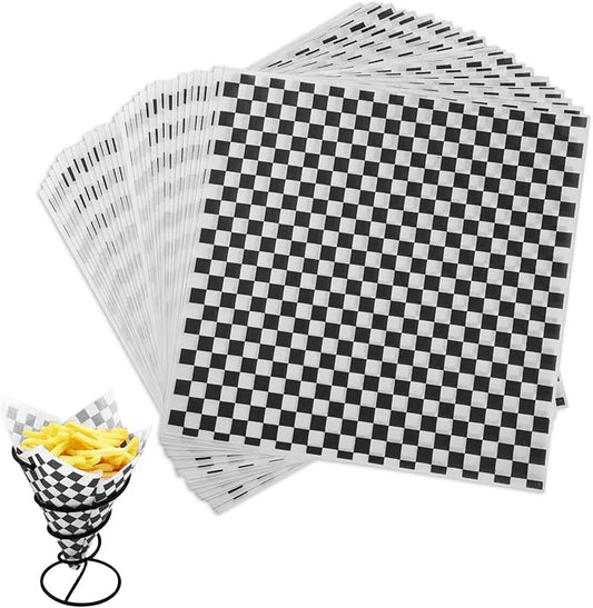 GeeRic Waxed Deli Paper Sheets 12 * 12 Inch, 100 Pcs Food Basket Liners for Sandwiches, Burgers, Checkered Deli Wrap Wax Paper Sheets Black