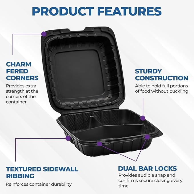 8" X 8" 3-Compartment To Go Food Take Out Containers Boxes With Lids | 50 Pack Microwaveable Black Mineral-Filled Disposable Togo Plates Clamshell Containers With Dividers For Lunch Home Carry Away