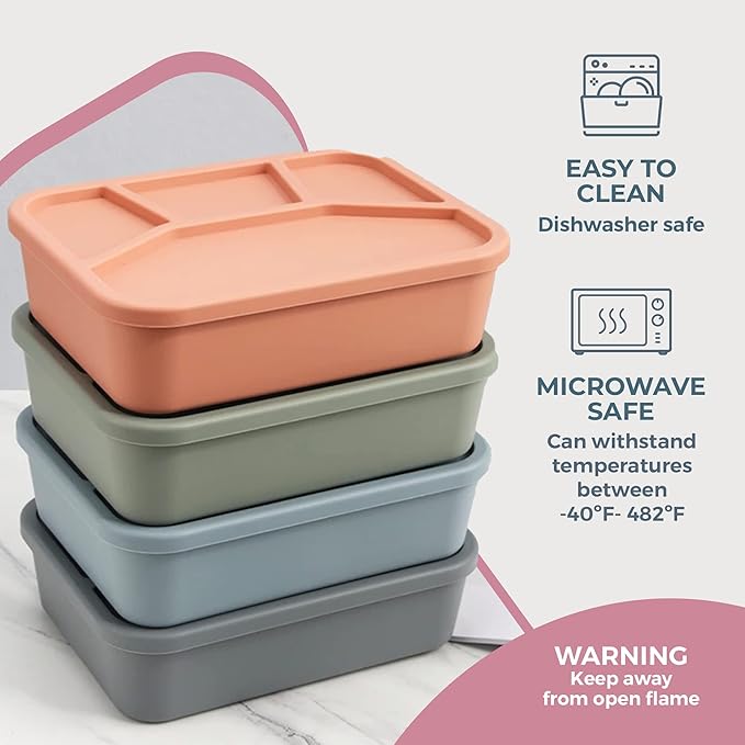 Spoondrift 100% Food Grade Eco-Friendly Leak-Proof Silicone Bento Box Lunchbox, Microwave Safe | For Child And Adult, 4 Compartment, Choose from 6 Colors, Includes 1 Box (Terracotta)