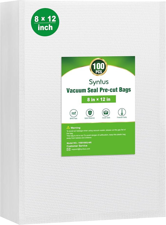 Syntus Vacuum Sealer Bags for Food, 100 Count Quart 8" x 12" Commercial Grade PreCut Bag, BPA Free Food Vac Bags for Storage, Meal Prep or Sous Vide