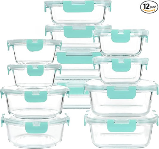 12 Pack Glass Storage Containers with Lids, Glass Meal Prep Containers Set, Airtight Food Storage Containers, Green