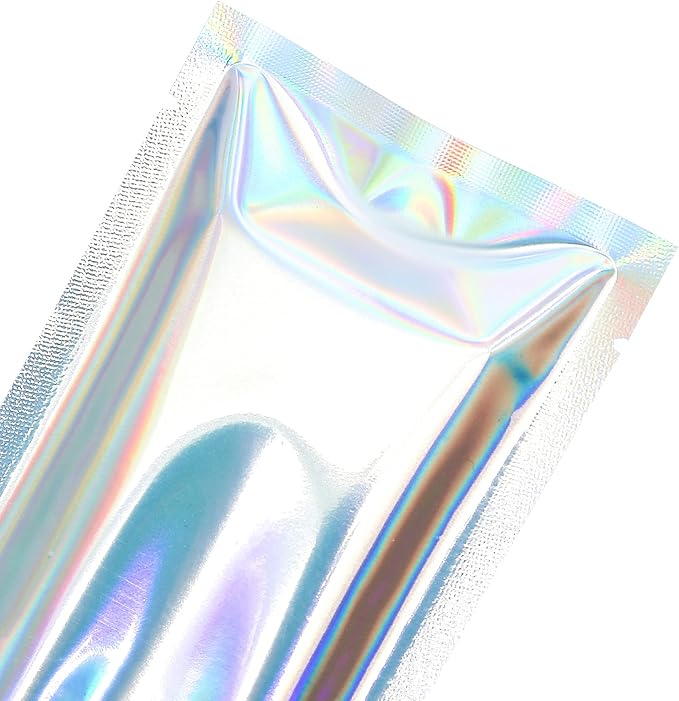 QQ Studio 100 PCS Metallic Mylar Foil Open Top Sealable Bags (7x10cm (2.7x3.9"), Clear & Holographic)