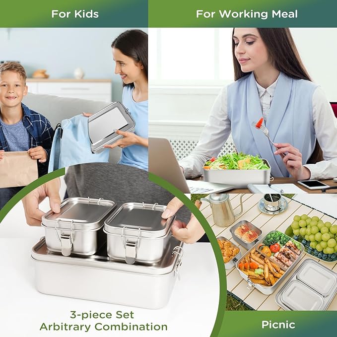 304 Stainless Steel Bento Box 3 Pack Stainless Steel Containers With Lids 2400/550/550ml,Leak-Proof & Stackable Storage Stainless Steel Food Storage Containers for Soup Salad Leftover