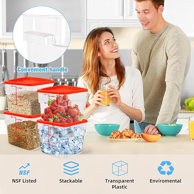 12Qt NSF Food Storage Containers with Lid - 4pcs Food Grade/Heat Resistant/Freezer Safe/Clear Square Large Food Storage Containers Set with Scale Handles for Restaurant Kitchen Pizza Cereal, w/ Labels