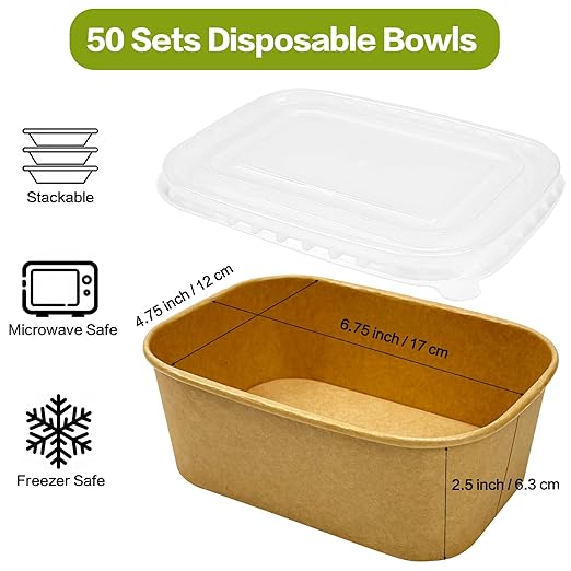 50 Pack Paper Meal Prep Containers with Lids, 20 oz Disposable and Compostable Take out Food Containers Rectangular to Go Kraft Paper Bowls for Leftovers, Salad, Soup, Snack