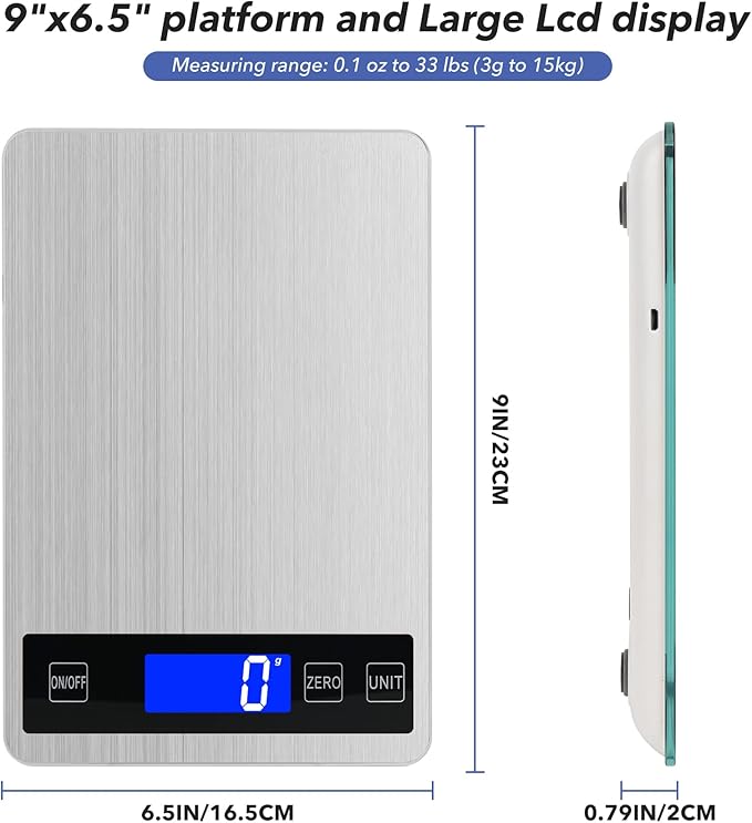 33lb Food Kitchen Digital Scale,1g/0.05oz Precise Graduation, USB Charging Kitchen Scale, Waterproof Stainless Steel with LCD Display, Ounces and Grams for Weight Loss, Cooking, Baking (Silvery)