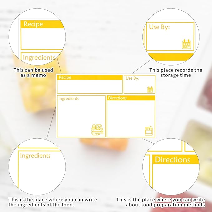100pcs Labels for Freezer Bags Freezer Meal Labels with Instructions 3.2 X 5 inch Oil and Water Resistant Labels Food Labels for Freezer Storage for Leftovers in Fridge Removable Freezer (Yellow)