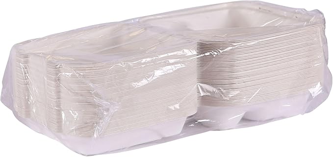 ECO PRODUCTS Compostable Vanguard 8" Clamshell To Go Containers, Case of 200, 3 Compartment, Square Take Out Food Box, White Renewable Molded Fiber, No-Added PFAS, ASTM Compliant, BPI-Certified