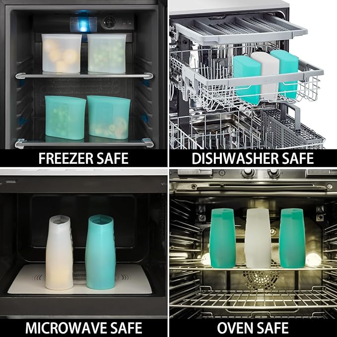 Reusable Snack Bags, 4 Pack, Stand Up 100% Silicone Reusable Storage Bag, Ziplock Silicone Food Storage Containers Snack Size, Freezer Microwave Oven Dishwasher Safe, Aqua+Translucent, 16oz