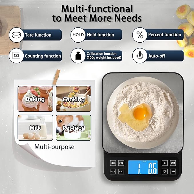 BOMATA Large Kitchen Scale with 0.1g/0.001oz High Precision, 5kg/11lb Bakery Scale with% Percentage Function, USB Rechargeable, Full-View Angle LCD with Backlight, Stainless Steel Pan