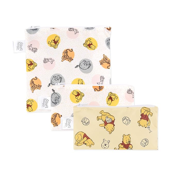 Bumkins Disney Reusable Sandwich and Snack Bags, for Kids School Lunch and for Adults Portion, Washable Fabric, Waterproof Cloth Zip Bag, Travel Pouch, Food-Safe Storage, 3-pk Winnie the Pooh