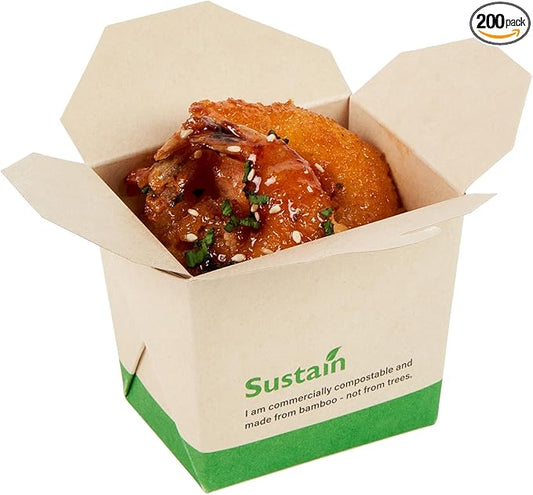 Restaurantware Sustain 8 Ounce Sturdy Paper Take Out Boxes, 200 Disposable Take Out Food Containers - With PLA lining, Compostable, Bamboo Paper Containers, Built-In Tab-Lock Cover, Greaseproof
