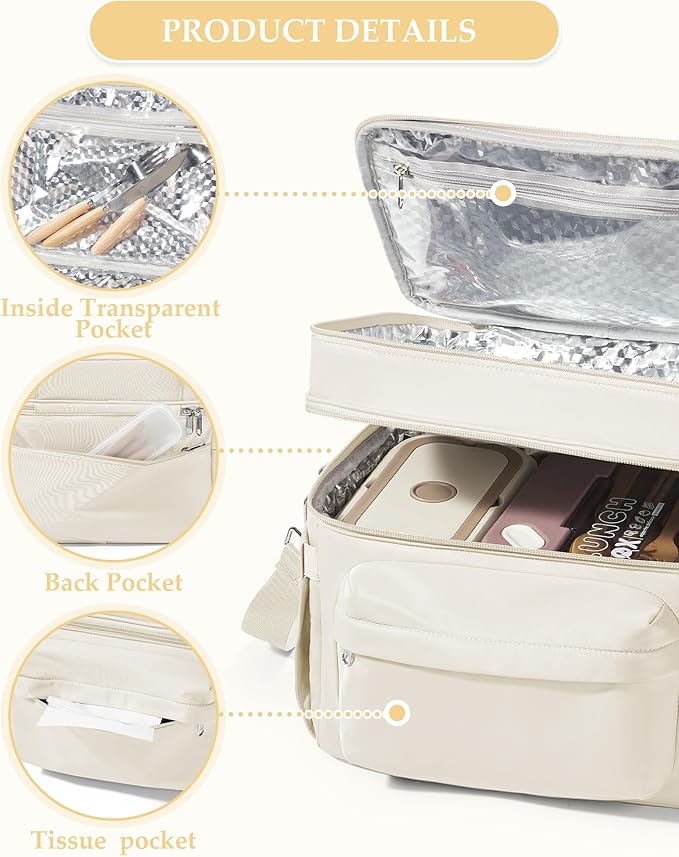Lunch Box Women Insulated Lunch Bag Men Expandable Waterproof Leakproof Lunch Boxes Large Lunch Tote Cooler Bag for Work with Water Bottle Holder Beige
