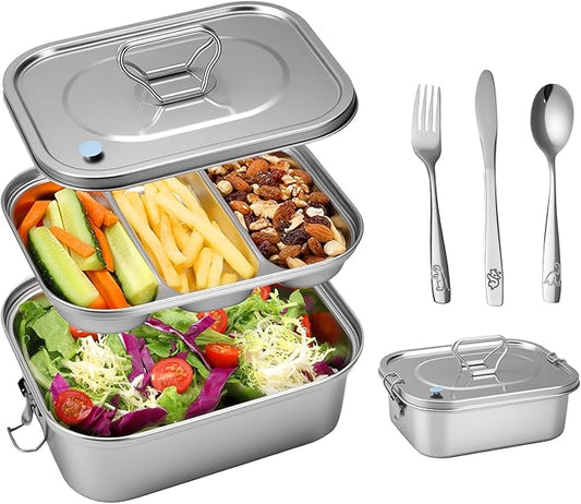 304 Stainless Steel Bento Box Leakproof 3-Compartment Tray, 1800ml Stainless Steel Lunch Box with Airtight Valve Handle, Including Utensil Set (Fork/Knife/Chopsticks) for Travel, Work.