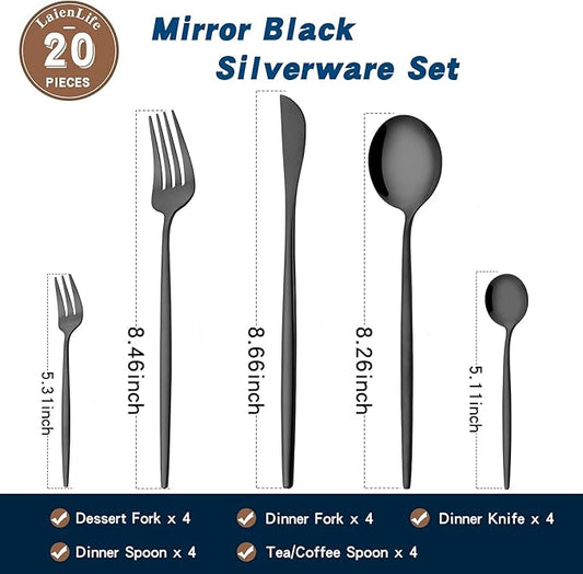Black Silverware Set 20-Piece, Stainless Steel Flatware Set Service for 4, LaienLife Unique Utensils with Fork and Spoon Teaspoon, Mirror Black Cutlery Set, Silverware for Home Party Kitchen