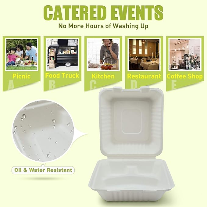 Green Earth 8-inch, 100-Count, 3-Compartment, Compostable Clamshell, Natural Bagasse (Sugarcane Fiber), Take-Out/to-Go Food Boxes - Biodegradable Containers, Hinged Lid Microwave-Safe Gluten-Free