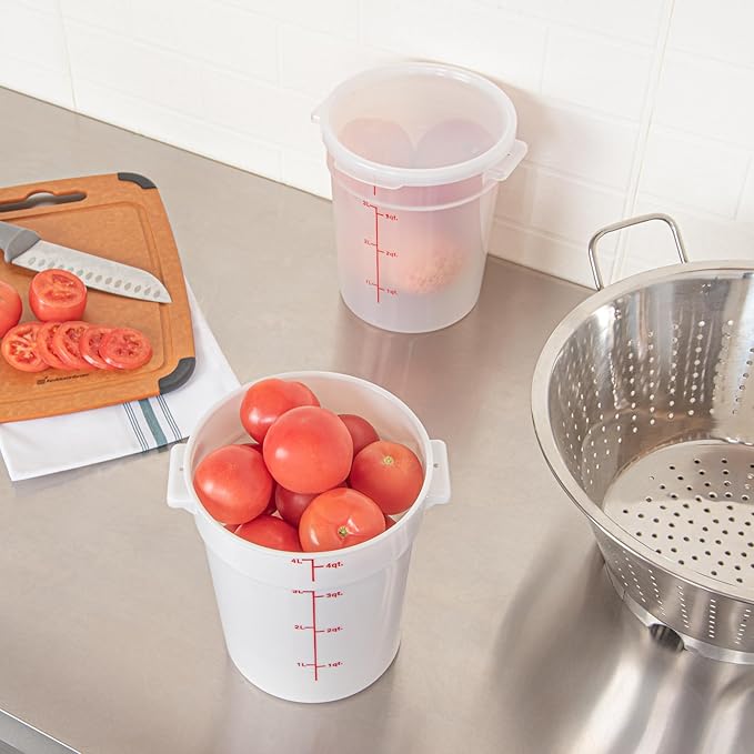 Restaurantware-Met Lux 4 Quart Food Storage Containers, 10 White Storage Containers - Lids Sold Separately, Red Volume Markers, Dishwashable Containers, Side Handles, For Storing Foods