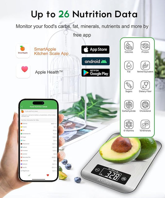 Ataller Smart Food Nutrition Scale, Digital Kitchen Scales with Smart App for Meal Planning, Tracking Calorie Value and Food Nutritional Counting, Resolution 1g, Max 5kg 11Ib, 304 Stainless Steel