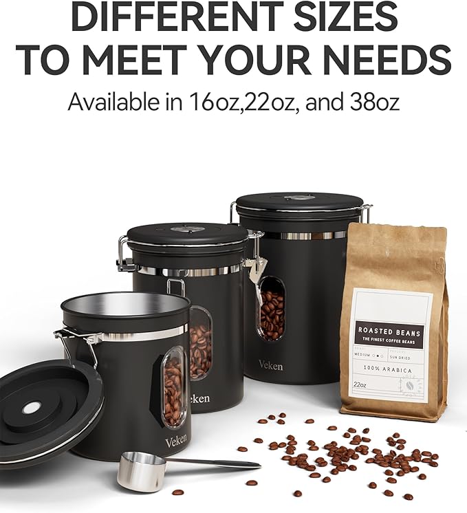 Veken 38oz Large Coffee Canister with Window, Airtight Stainless Steel, Kitchen Food Storage Container with Lids, Date Tracker and Scoop, Grounds Coffee Beans, Tea, Flour, Cereal, Sugar Jars, Black