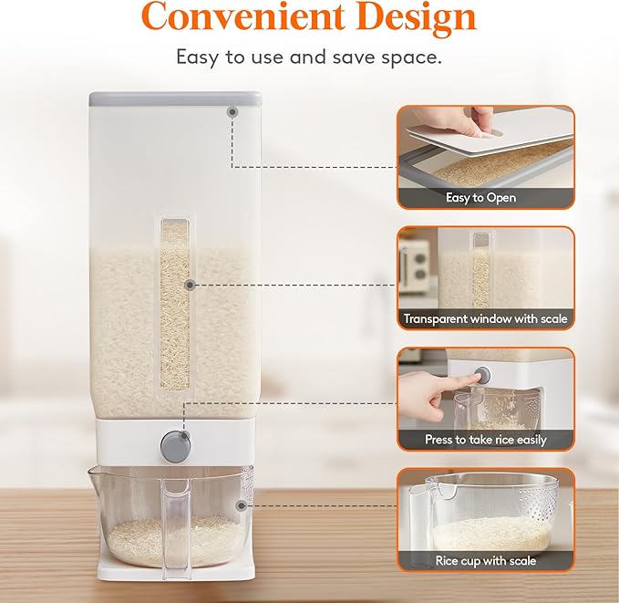 Lifewit Rice Dispenser 25 Lbs(11.3kg), Rice Storage Container Sealed Moisture Proof with Measuring Cup for Kitchen Pantry Household, BPA-Free