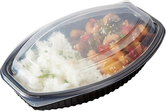 RW Base 21 Ounce Meal Prep Containers, 50 Microwavable To Go Containers With Lids - Disposable, Freezable, Black Plastic Oval Food Containers, Pack Hot And Cold Food, For Takeaway - Restaurantware
