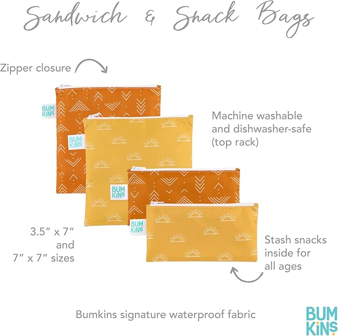 Bumkins Reusable Sandwich and Snack Bags, for Kids Lunch Bags and for Adults, Washable Fabric, Cloth Zip Bag, Dishwasher-Safe, Food-Safe, Safety Tested (4-Pack)