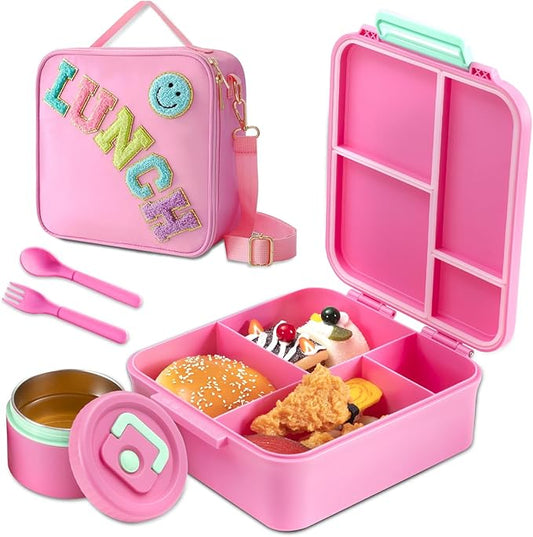 Bento Lunch Box for Kids with 8.5oz Soup Thermo, Kids Leakproof Lunch Food Containers with 4 Compartment, Pink Nylon Insulated Lunch Bag Adjustable Strap for Girl Teens School Travel Picnic
