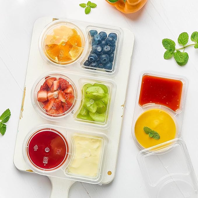 Qeirudu 40 Sets 6 oz Reusable Plastic Snack Containers, Double Compartment Condiment Containers with Lids for Meal Prep, Dipping Sauce, Portion Control, Travel Snack