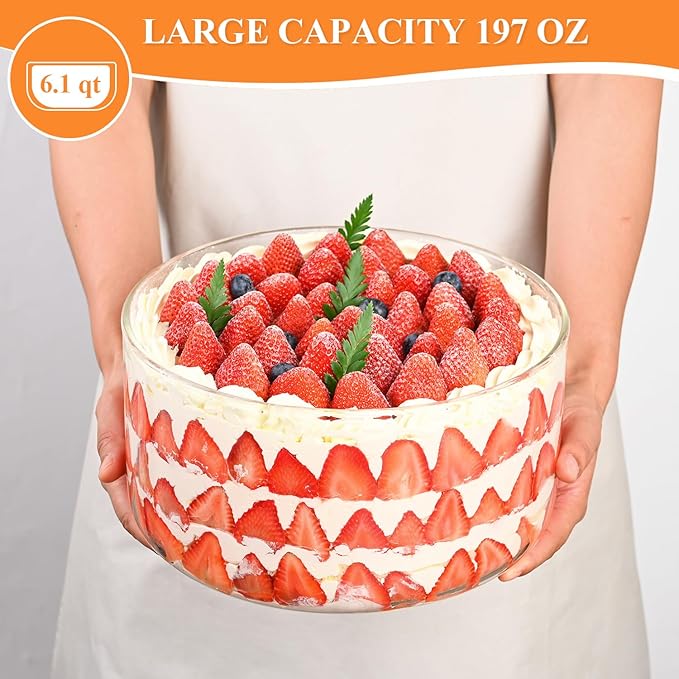 Large Salad Bowl, 10 inch Trifle Bowl Glass with Sealed Lid, Versatile Mixing and Serving Bowl for Laying Ice Cream,Cake,Cupcake,Salad,Fruit,Baking,Dessert and Party Diy, Microwave Safe