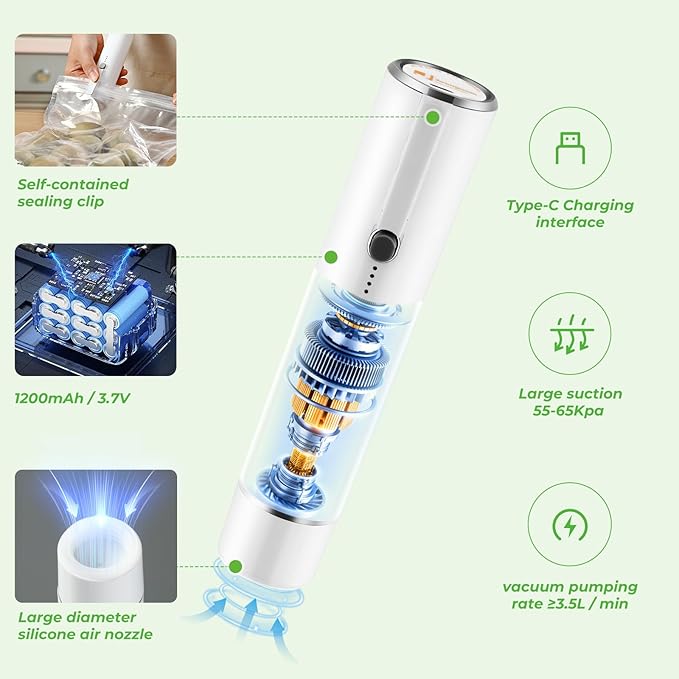 Vacuum Sealer, Handheld Vacuum Sealer for Food Fresh & Save with 5PCS Vacuum Bags and Wine Saver Vacuum Stoppers