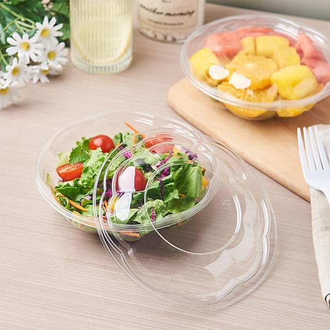 FULING [18 oz. 50 Sets Clear Plastic Salad Bowls with Airtight Lids Disposable To Go Mixing Containers Serving for Fruit, Quinoa, Lunch and Meal Prep