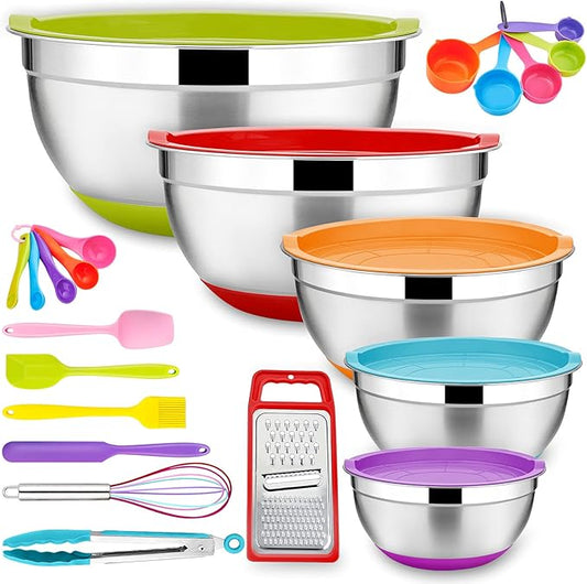 22-Piece Mixing Bowls with Lids & Accessories Set, E-far Stainless Steel Nesting Bowls with Colorful Covers & Non-Slip Bottoms, Metal Bowls for Cooking/Baking/Serving/Storage - Size 7/3.5/2.5/1.5/1 QT