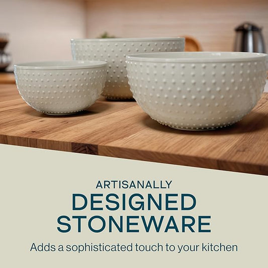 Gibson Elite 3-Piece Stoneware Mixing Bowl Set, 6.6", 7.9", 9.6" - Modern Stoneware Dishware, Dishwasher Safe & Microwave Safe - Space-Saving & Stackable Bowl Set for Cooking, Baking, Serving (Grey)